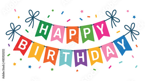 Vibrant Happy Birthday pennant banner with colorful flags and confetti scattered on a clean white background