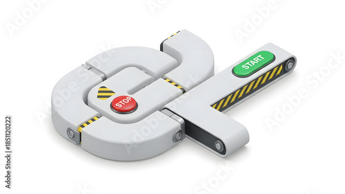 A modern-looking, sleek baggage handling system with intricate paths and vibrant start and stop buttons, representing seamless functionality in airport or industrial settings. 