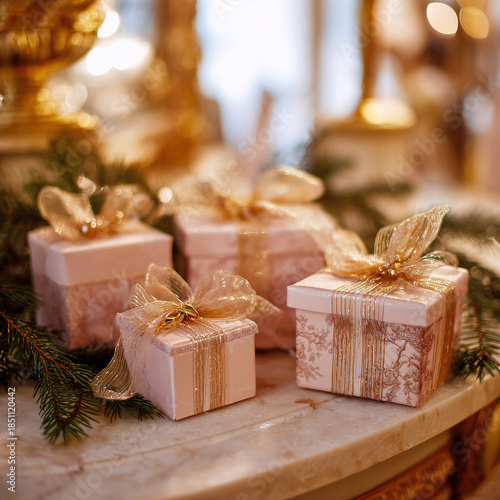 Elegant gift boxes with gold ribbons on green foliage, set in a warmly lit room with large windows, creating a festive atmosphere.

