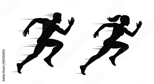 Set of man and woman athletic runner with motion silhouettes vector.eps