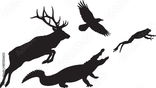 Wildlife Silhouette Set with Deer Crocodile Bird and Frog Isolated on White Background