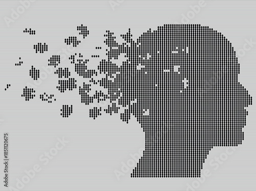 Pixelated human head silhouette dissolving into squares, concept of memory loss