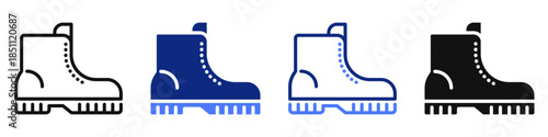 Vector icon or logo of boot related hiking or camping footwear, tourism equipment and fashion industry. Symbol for website or app UI, logo design, illustration