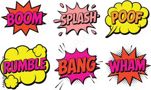 Comic sound effects illustration set, boom splash bang wham poof rumble, pop art explosions, vintage comic style design