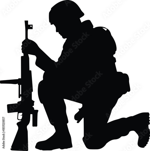 soldier kneeling vector silhouette rifle helmet backpack icon