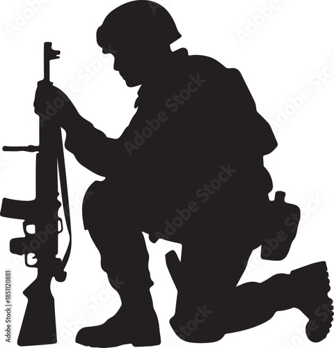 soldier silhouette kneeling with rifle helmet and memorial pose