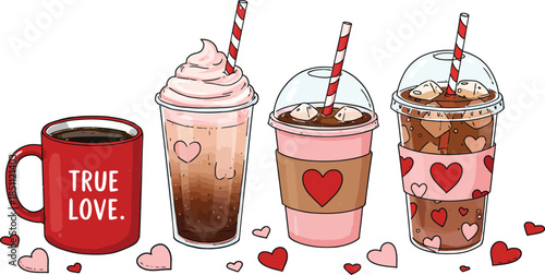 A fresh chocolate ice cream dessert served in a white cup alongside a cold coffee beverage with milk and a straw, isolated on a white background