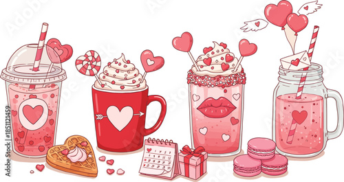 Cute seamless pattern for a Valentine's Day greeting card background featuring a sweet set of chocolate cupcakes and strawberry cream desserts with hearts for a pink birthday party celebration vector