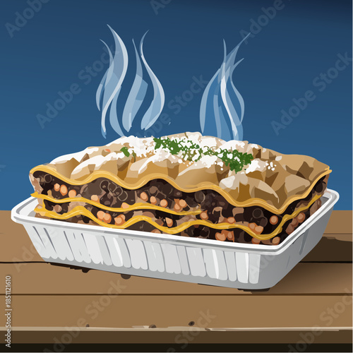 Italian Cuisine Illustration with Pizza Slices and Lasagna on Wooden Table