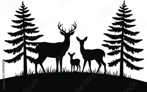 deer trio silhouette in forest pine trees vector illustration