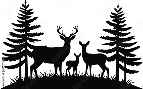 deer woodland scene stag doe fawn pine tree silhouette vector