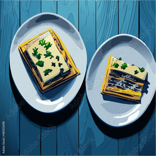 Italian Cuisine Illustration with Pizza Slices and Lasagna on Wooden Table