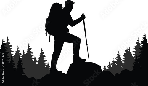 hiker silhouette on rocky outcrop with conifer forest background