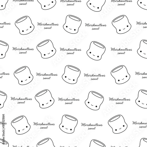 Seamless vector pattern with cute marshmallows, fun kawaii coloring page