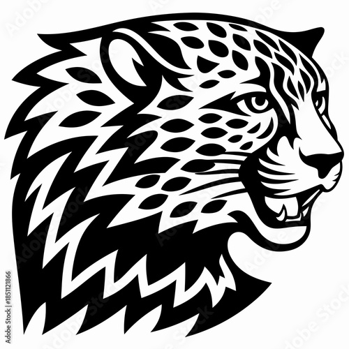 Powerful Black and White Vector Illustration of a Roaring Big Cat Head, Ideal for Sports Mascot or Emblem Design