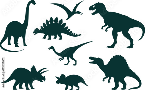 Dinosaur silhouette icon set with tyrannosaurus stegosaurus and flying reptiles, prehistoric animal collection in black vector style