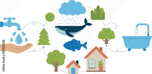 Vector infographic illustration of the water cycle featuring rain clouds, marine life, residential homes, and conservation icons for environmental education and sustainability themes.
