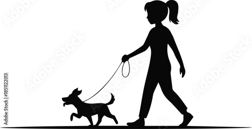 dog owner walking leash silhouette vector illustration