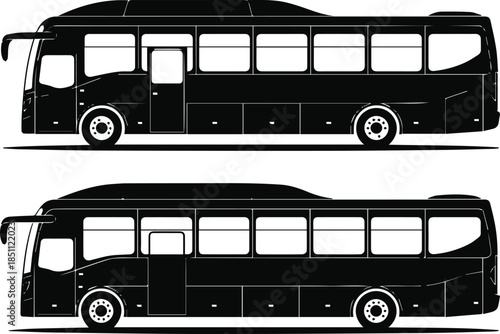 bus icon and silhouette pair side view closed and open door set