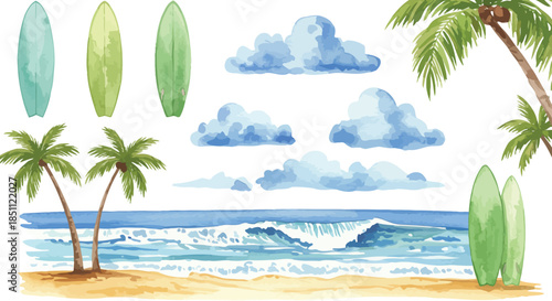 Tropical beach with surfboards