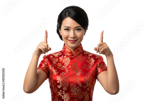 Asian woman wearing traditional cheongsam qipao dress and hands pointing finger half body on transparent background