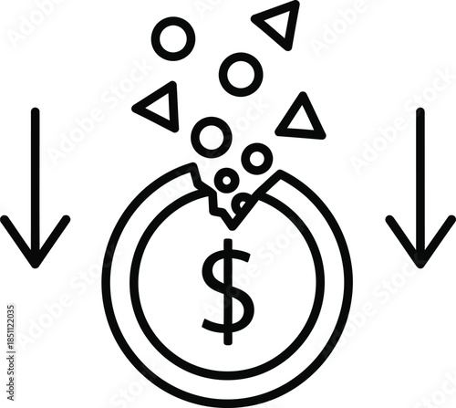Financial loss icon depicting a broken dollar coin with elements falling out and downward arrows