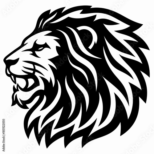 Dynamic black and white vector illustration of a powerful roaring lion's head in profile, showcasing strength and wild spirit