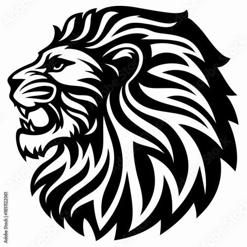 Dynamic detailed black and white vector illustration of a majestic roaring lion head, showcasing power and strength