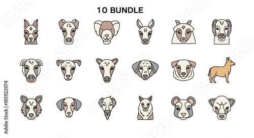 A collection of twenty stylized animal head icons and one full-body animal, featuring various dog breeds and canine creatures in a minimalist, outlined design.