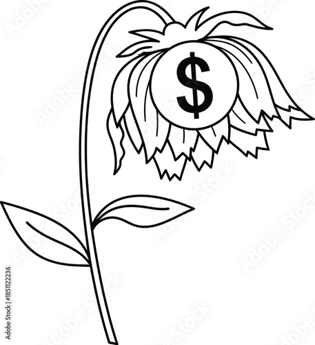 Depiction of financial fragility through a sad, wilting flower centered with a dollar sign