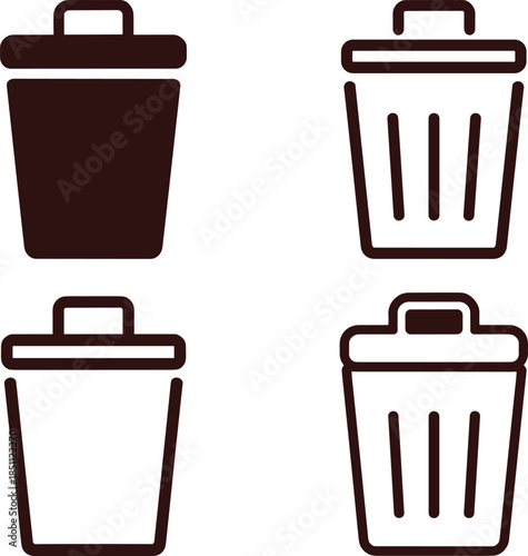 Trash can and recycle bin icon set in solid and outline styles, minimalist waste management vector symbols design