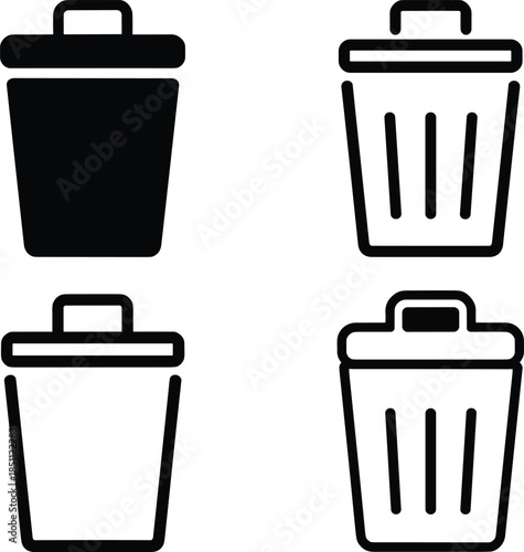 Trash can and recycle bin icon set in solid and outline styles, minimalist waste management vector symbols design