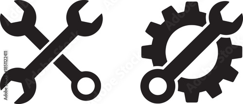 Mechanic Tools Icon Set | Wrench and Screwdriver Repair Symbols, Black and White Vector Illustration