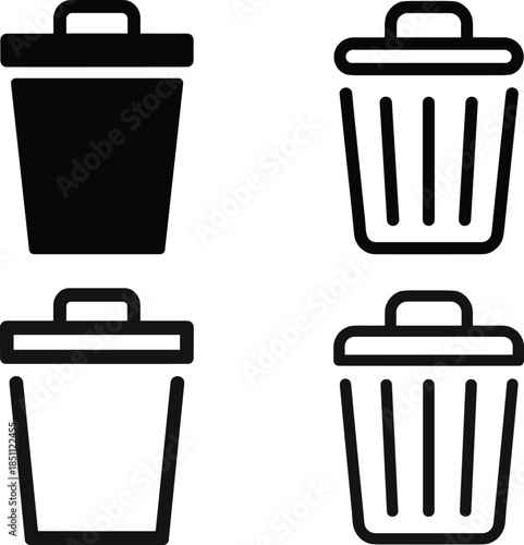 Trash can and recycle bin icon set in solid and outline styles, minimalist waste management vector symbols design