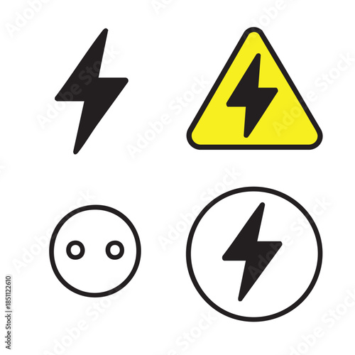 Set of four lightning bolt icons and electrical outlet symbol isolated on white background