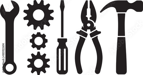 Mechanic Tools Icon Set | Wrench and Screwdriver Repair Symbols, Black and White Vector Illustration