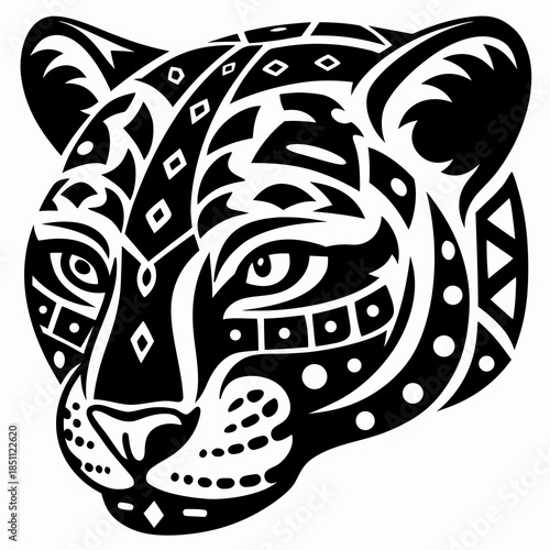 Stylized Jaguar Head Design with Intricate Tribal Patterns and Geometric Motifs