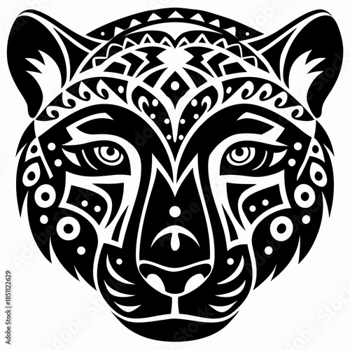 Stylized Jaguar Head Illustration with Intricate Tribal Patterns and Majestic Feline Design