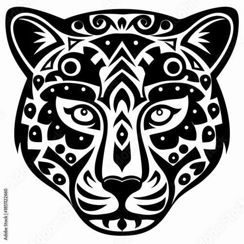 Intricate Tribal Patterned Feline Head Design - Elegant Stylized Jaguar Artwork