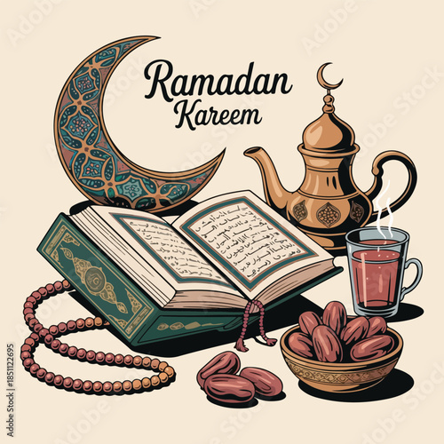 Print Ramadan kareem celebration with essential islamic elements and traditional symbols