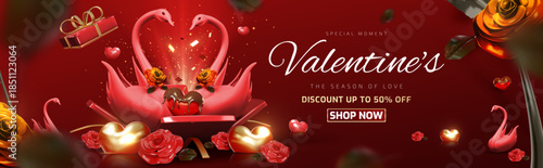 Luxury red background for Valentine promotion featuring a swan couple in a gift box with roses and cute hearts, Vector illustration.