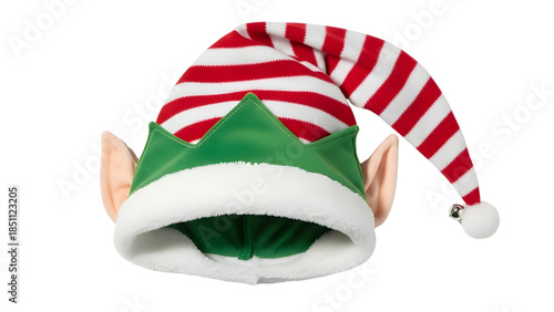 Holiday Red and White Striped Elf Hat with Green Trim and Attached Ears, isolated on white