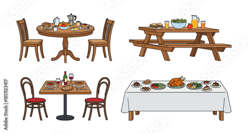 Different set menus and dining scenes illustrating meals