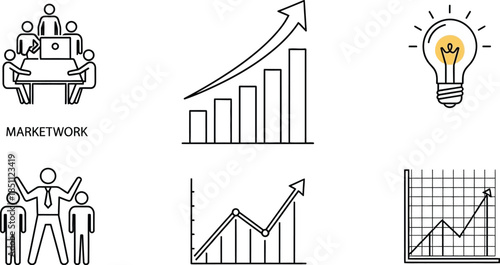 Set of six business icons illustrating teamwork growth strategy and brilliant idea generation for presentations