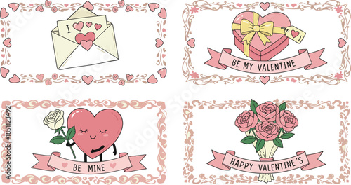 Vintage set of wedding elements and cards featuring pink birds, heart stamps, and floral vector frames for baby scrapbook designs or romantic invitation borders
