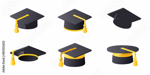 Isometric graduation caps in various perspectives a symbol of academic achievement