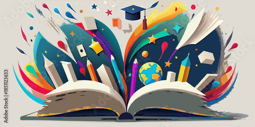 An explosion of learning books pencils and a graduation cap