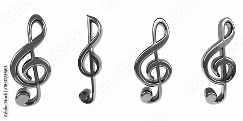 Four silver treble clef symbols displayed in a row on a white background