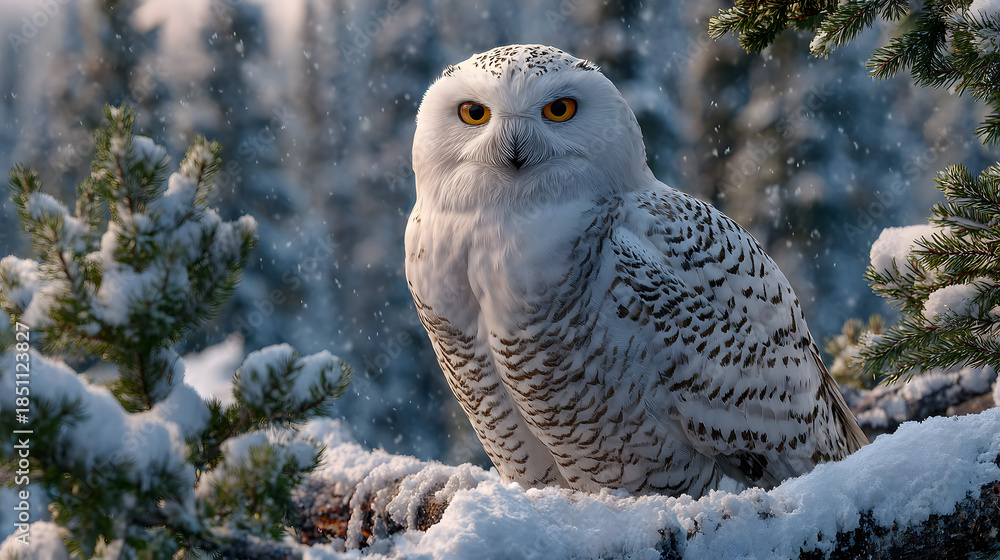 Fototapeta premium A snowy owl sits on a branch, overlooking a tranquil winter scene filled with snow and green pine trees