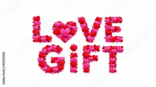 Love Gift Text Made of Red and Pink Hearts on White Background, Perfect for Valentines Day and Romantic Occasions.